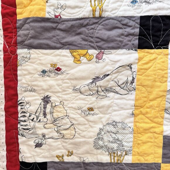 Handmade Winnie the Pooh Baby Quilt 45”x36” Yellow Gray Red Patchwork Blanket - Picture 6 of 11